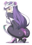 ass bodysuit long_hair looking_at_viewer looking_back nagase_haruhito persephone_(wild_arms_5) purple_eyes purple_hair red_eyes simple_background solo squatting white_background wild_arms wild_arms_5 
