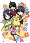  3girls araragi_karen araragi_koyomi araragi_tsukihi black_hair blonde_hair blush_stickers chibi kissshot_acerolaorion_heartunderblade knife kouji_(campus_life) long_hair monogatari_(series) multiple_girls oshino_shinobu pantyhose pointy_ears ponytail purple_eyes sword teenage violet_eyes weapon yellow_eyes 