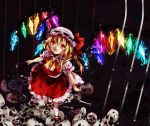  ascot black_background blonde_hair bobby_socks bone bow fang flandre_scarlet hat hat_bow laevatein looking_up madogawa mary_janes open_mouth red_eyes shoes short_hair side_ponytail skirt skirt_set skull socks solo touhou white_legwear wings 