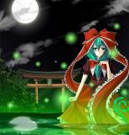  beeno bow cloud clouds dress frills front_ponytail green_eyes green_hair hair_bow hair_ornament hair_ribbon in_water kagiyama_hina light_particles light_smile long_hair looking_at_viewer moon night partially_submerged red_dress reflection ribbon skirt_hold sky solo touhou water 