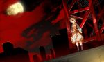  1girl blonde_hair bow cityscape clouds dark dress hair_bow kurodani_yamame moon night red_eyes rooftop scenery shirayuki_mutsumi short_hair sky solo spider_web touhou youkai 