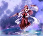  bow breasts cleavage detached_sleeves earrings erza_scarlet fairy_tail fan folding_fan hair_over_one_eye japanese_clothes jewelry large_breasts long_hair miko petals red_hair redhead rokugatsu_no_usagi sandals solo umbrella water 