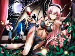  bad_id boots breasts cleavage closed_eyes cup eyes_closed garter_belt horns kuromayu long_hair megurine_luka navel pink_hair pointy_ears solo tail thighhighs vocaloid wine wine_glass 