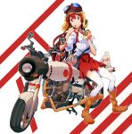  1girl :q akagi_(kantai_collection) boots brown_eyes brown_hair food goggles goggles_on_head hamburger holding kantai_collection long_hair looking_at_viewer motor_vehicle motorcycle pleated_skirt revision rinta_(reyte) sitting_on_object skirt smile solo thigh-highs tongue tongue_out vehicle white_legwear zettai_ryouiki 