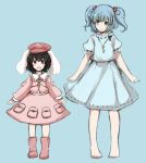  animal_ears barefoot black_hair blue_eyes blue_hair blush boots bunny_ears carrot cosplay costume_switch hair_ornament hat inaba_tewi inazakura00 kawashiro_nitori key multiple_girls open_mouth pocket puffy_sleeves rabbit_ears red_eyes rubber_boots short_hair smile touhou twintails 