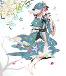  bad_id barefoot breasts butterfly cherry_blossoms feet hat highres japanese_clothes long_sleeves petals pink_eyes pink_hair ribbon ringetsumon saigyouji_yuyuko short_hair smile solo text touhou tree triangular_headpiece wide_sleeves 