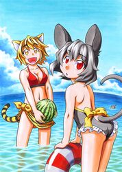  animal_ears back bikini black_hair blonde_hair breasts cat_ears floating food from_behind fruit jeweled_pagoda kawachi_koorogi kawauchi_kirigirisu kemonomimi_mode marker_(medium) midriff mouse_ears mouse_tail multicolored_hair multiple_girls nazrin open_mouth red_eyes silver_hair swimsuit tail tiger_ears tiger_print tiger_tail toramaru_shou touhou traditional_media two-tone_hair water watermelon yellow_eyes 