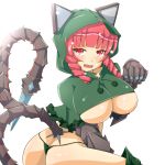  adapted_costume ass blush braid breasts butt_crack check_translation highres himenomikan hood kaenbyou_rin open_mouth panties red_hair redhead solo symbol-shaped_pupils tail thong touhou translation_request twin_braids under_boob underboob underwear white_background 