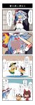  4koma beni_shake blonde_hair blue_hair bow brown_hair comic fly flyswatter hair_tubes hakurei_reimu hat highres kirisame_marisa komeiji_koishi long_hair multiple_girls remilia_scarlet short_hair touhou translated translation_request witch_hat 