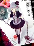  black_eyes blood blood_on_face blood_stain boots bow card chain chains character_name dress ehoumaki_otoko elbow_gloves flower garters gloves grey_legwear hair_ribbon hat kanna_asumi magical_girl mahou_shoujo_madoka_magica mini_top_hat morning_star morning_star_(weapon) ribbon short_hair silver_hair solo spike spikes thigh-highs thighhighs top_hat veil weapon 