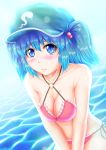  bare_shoulders bikini blue_eyes blue_hair blush breasts cleavage embarrassed kawashiro_nitori key looking_at_viewer nazal short_hair solo swimsuit touhou twintails water 