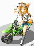  :d animal_ears artist_request copyright_request fox_ears fox_tail goggles goggles_on_head motor_vehicle motorcycle open_mouth punto shorts smile solo tail vehicle 