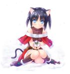  black_hair blue_eyes cat_ears cat_tail gift highres holding holding_gift na-ga original sitting snow solo tail twintails 