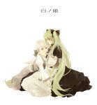  aku_no_musume_(vocaloid) bow dress green_eyes green_hair hair_bow hair_ribbon hatsune_miku long_hair multiple_girls ribbon sad shiro_no_musume_(vocaloid) sign_(artist) simple_background touching twintails very_long_hair vocaloid voyakiloid white_hair yowane_haku 