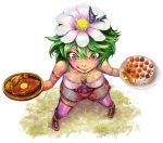  breasts butterfly cake cleavage crazy_eyes flower food from_above fruit green_eyes green_hair hair_flower hair_ornament pastry pixiv pixiv_fantasia pixiv_fantasia_3 plate shibairo short_hair steak strawberry thigh-highs thighhighs tongue 