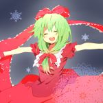  aina_(artist) bisuko_(bisco_mm) bow closed_eyes dress green_hair hair_bow hair_ribbon happy kagiyama_hina no_nose open_mouth outstretched_arms ribbon snowflakes spread_arms touhou 