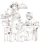  barefoot book brown chair cup graphite_(medium) highres kirisame_marisa monochrome mtmy patchouli_knowledge plant shanghai shanghai_doll sitting table teacup teapot touhou traditional_media 