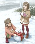 2girls coat gloves legs original scarf siblings sisters snow snowman squatting sweater thigh-highs thighhighs tnt tnt_(aaaazzzz)