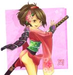  brown_eyes brown_hair flower gauntlets hair_comb hair_flower hair_ornament japanese_clothes katana kimono momohime oboro_muramasa oboro_muramasa_youtouden ponytail shibairo sword weapon 