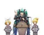  aqua_hair blonde_hair closed_eyes formal hatsune_miku hong hong_yun_ji kagamine_len kagamine_rin lectern long_hair microphone microphone_stand podium short_hair simple_background singing suit treble_clef twintails vocaloid 