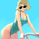  blue_eyes breasts casual_one-piece_swimsuit cleavage gundam masao mobile_suit_gundam one-piece_swimsuit sayla_mass short_hair simple_background solo sunglasses swimsuit 