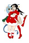  ahoge black_hair blue_eyes blue_hair blush boots breasts christmas crybringer curvy demon_girl demon_tail elf fang glasses green_eyes pointy_ears santa_costume scarf short_hair smile succubus tail wide_hips 
