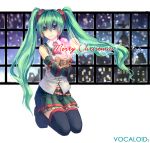  adapted_costume aqua_eyes aqua_hair christmas detached_sleeves hatsune_miku kneeling long_hair looking_at_viewer necktie sankusa skirt smile solo thigh-highs thighhighs twintails very_long_hair vocaloid zettai_ryouiki 
