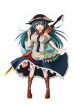 bad_id blue_hair blush boots bow breast_padding digital_media_player food fruit hanagedayo hat headphones highres hinanawi_tenshi ipod long_hair mp3_player open_mouth peach red_eyes skirt smile sword sword_of_hisou touhou weapon