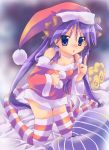 bare_shoulders bed blue_eyes hat hiiragi_kagami kneeling long_hair lucky_star nyanmilla purple_hair santa_costume santa_hat striped striped_thighhighs thigh-highs twintails 