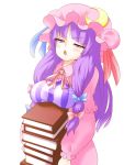  book bow breast_rest breasts carried_breast_rest carrying crescent crescent_moon hair_bow hat long_hair patchouli_knowledge purple_hair shiihaku striped touhou 