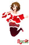  brown_hair christmas hands highres hirasawa_yui jumping k-on! latex legs open_mouth pantyhose rokujou_jun short_hair solo thigh-highs v 