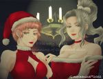  2girls bare_shoulders beauty_mark chandelier choker christmas cleavage estella female green_eyes jeane lipstick long_hair mole pink_hair ponytail santa_costume santa_hat short_hair silver_hair suikoden suikoden_iii yellow_eyes yumi_(pixiv275460) 