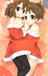  bare_shoulders black_pantyhose brown_eyes brown_hair christmas face highres hirasawa_ui hirasawa_yui k-on! multiple_girls nasuna pantyhose ponytail short_hair siblings sisters 