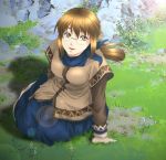  apple_(suikoden) brown_eyes brown_hair dress female glasses long_hair sitting solo suikoden suikoden_iii yumi_(pixiv275460) 