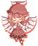  chibi closed_eyes dress long_sleeves mystia_lorelei nijiirosekai no_nose open_mouth outstretched_arm outstretched_hand pink_hair ribbon short_hair simple_background singing solo touhou winged_shoes wings 