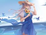  1girl blue_dress blue_eyes blue_sky bug butterfly closed_mouth commentary_request day dress eyebrows_visible_through_hair flower hair_ribbon hand_on_headwear hat hat_flower holding holding_flower lexington_(warship_girls_r) long_hair looking_at_viewer outdoors petals revision ribbon rifu_(643763873) silver_hair sky solo sun_hat sunflower warship_girls_r water 