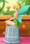  blue_eyes blush breasts cleavage disney dress fairy fairy_wings flower highres indian_style lips lipstick minigirl open-back_dress peter_pan pointy_ears short_dress short_hair sideboob sigurdhosenfeld sitting smile solo thimble tinkerbell tinkerbell_(disney) wings 