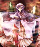  beckon bow capelet crystal foreshortening hair_bow hat long_hair outstretched_hand patchouli_knowledge purple_eyes purple_hair robe solo striped touhou very_long_hair vetina violet_eyes wind 
