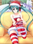  adjusting_thighhigh aqua_hair bell bow christmas couch dressing feet foreshortening hair_bow hat hatsune_miku highres kobapyon panties pov_feet sack santa_costume santa_hat sitting smile sock_pull solo striped striped_legwear striped_panties striped_thighhighs thigh-highs thighhighs twintails underwear undressing upskirt vocaloid 