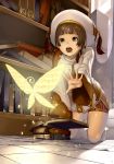  :o arched_back book bookcase bookshelf brown_hair butterfly glowing green_eyes hands hat kneeling legs open_mouth original short_hair solo sunlight tiles tissue_(pixiv) 