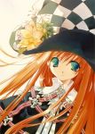  checkered empty_eyes flower hat highres long_hair original red_hair redhead solo sumi_keiichi witch_hat 