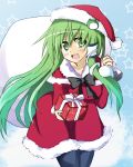  christmas exion_(neon) frog green_eyes green_hair hair_ornament hat kochiya_sanae long_hair pantyhose santa_costume santa_hat snake touhou 