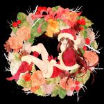  bell boots brown_hair capelet christmas flower gloves hat legs long_hair nagi_kanami original santa_costume santa_hat smile solo wreath 
