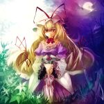  1girl bare_tree blonde_hair bow closed_umbrella colorful dress gradient hair_bow hands_on_hilt hat hat_ribbon long_hair looking_at_viewer moon plant red_eyes ribbon smile solo standing touhou tree ukyo_rst umbrella wide_sleeves yakumo_yukari 