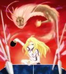  bad_id blonde_hair dragon hachisuzume_shijimi long_hair paddle polearm ryuumonbuchi_touka saki spear table_tennis table_tennis_paddle weapon 