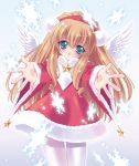  angel_wings aqua_eyes brown_hair christmas dress long_hair pantyhose reaching snowflakes star wings 
