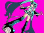  boots cameo hatsune_miku kanayanagi_takashi long_hair megurine_luka microphone microphone_stand red_eyes simple_background skirt smile solo spring_onion takoluka takoluka_(cameo) thigh-highs thigh_boots thighhighs twintails very_long_hair vocaloid zettai_ryouiki 