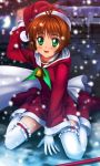  blush boots brown_hair card_captor_sakura cardcaptor_sakura christmas dress garters gloves green_eyes hat kinomoto_sakura kneeling moonknives mutsuki_(moonknives) open_mouth santa_costume santa_hat snow solo thigh-highs thighhighs zettai_ryouiki 