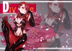  1girl alternate_costume alternate_hairstyle breasts cleavage danann earrings elbow_gloves elise_(league_of_legends) flower gloves hair_in_mouth hair_over_one_eye jewelry leaf league_of_legends navel red_eyes redhead solo spider 