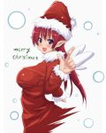  breasts christmas hat huge_breasts original pointy_ears purple_eyes red_hair santa_costume santa_hat solo 